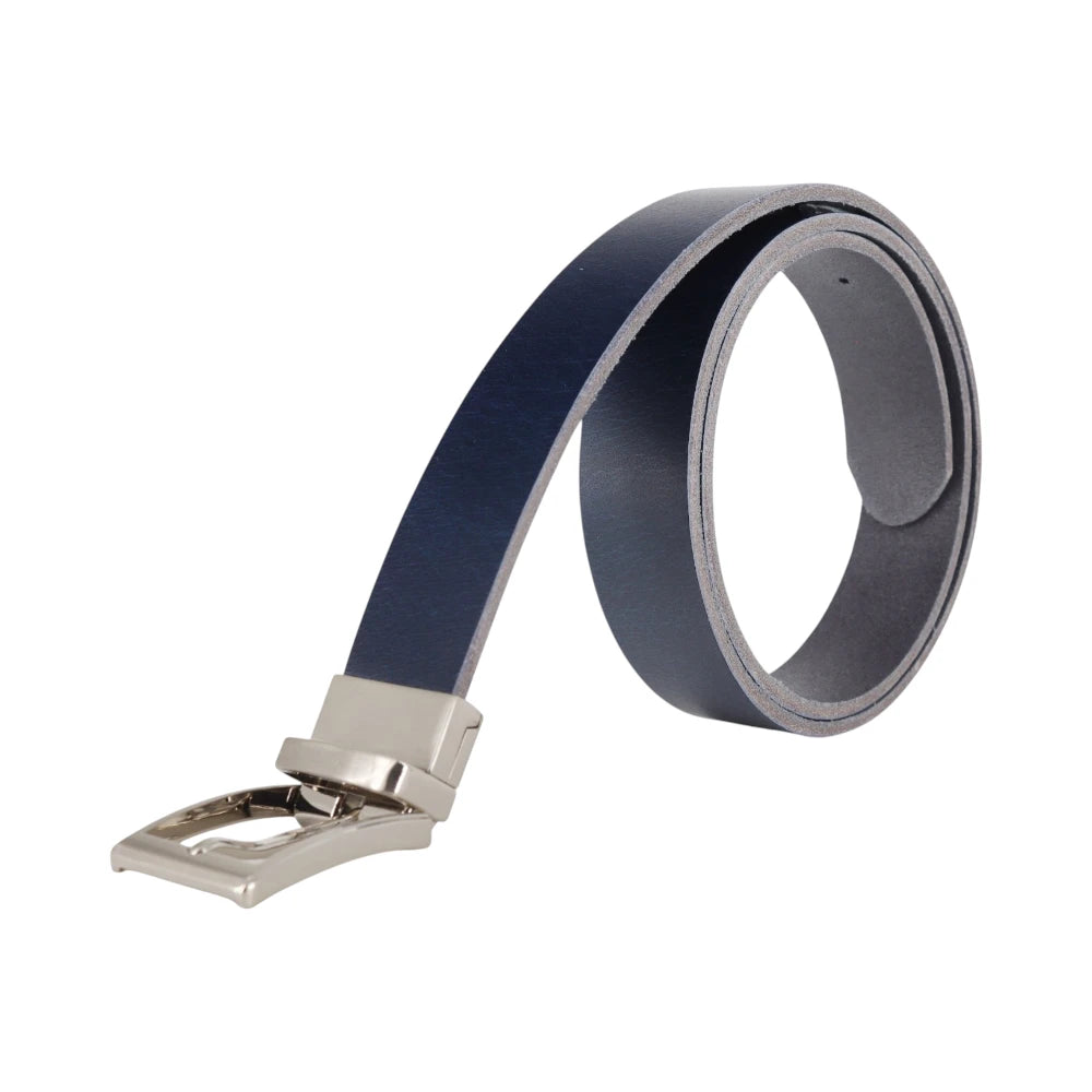 Blue leather belt with silver buckle on a white background