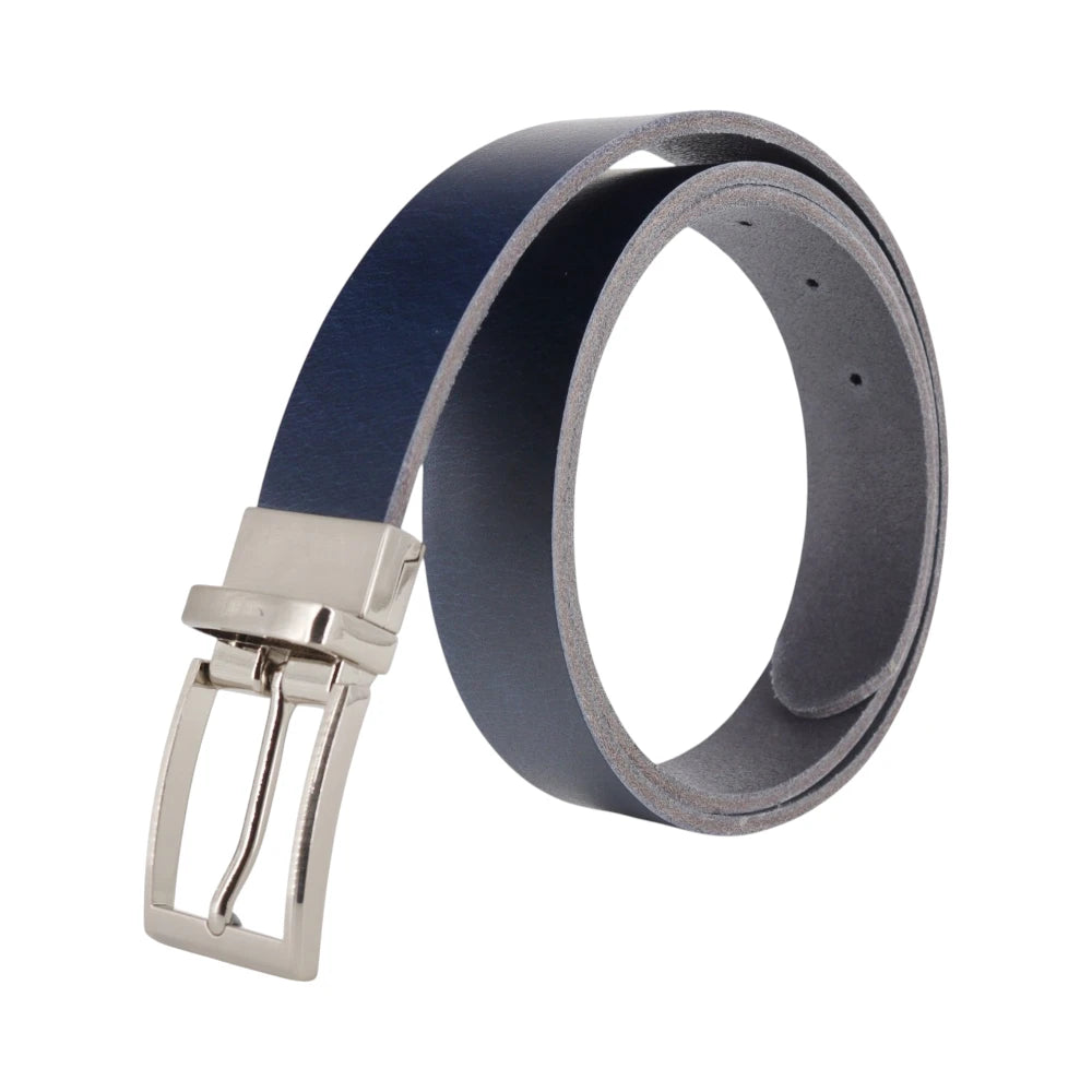 Blue leather belt with silver buckle on a white background