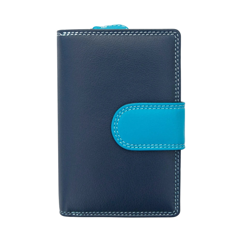 Front view of Blue leather wallet with a turquoise flap on a white background