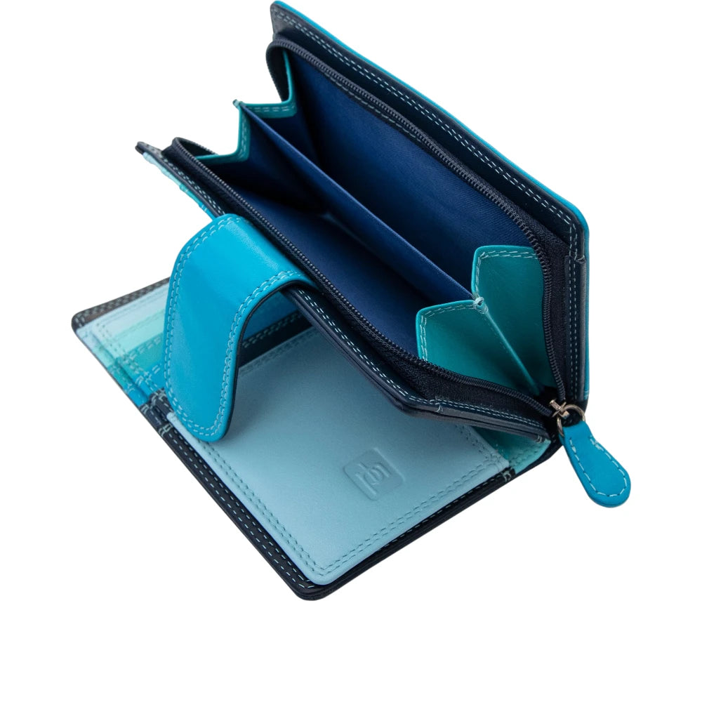 Blue wallet with a clear card holder on a white background