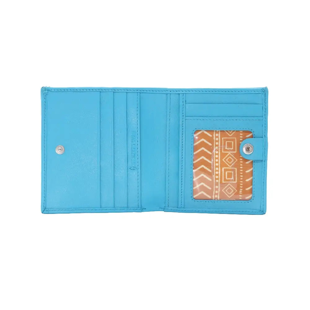 Blue wallet with a patterned card holder on a white background
