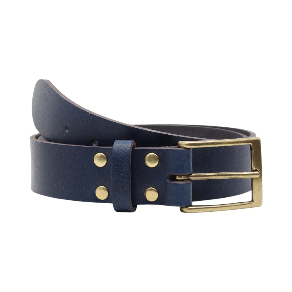 Blue leather belt with gold buckle and studs on a white background