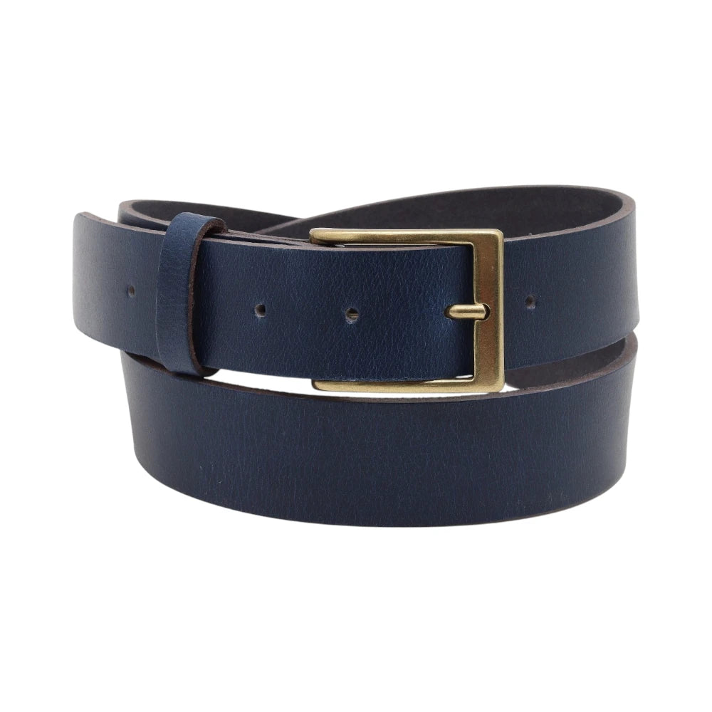 Blue leather belt with a gold buckle on a white background