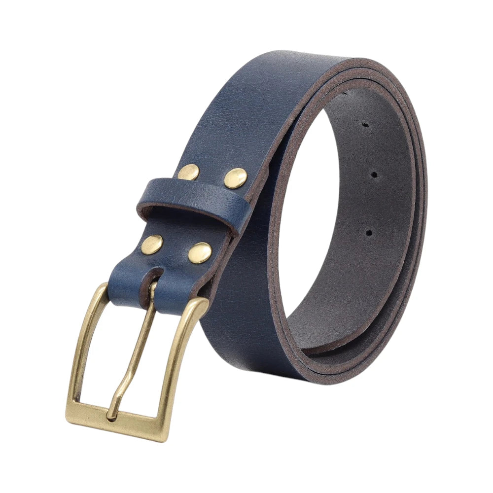Blue leather belt with brass buckle on a white background