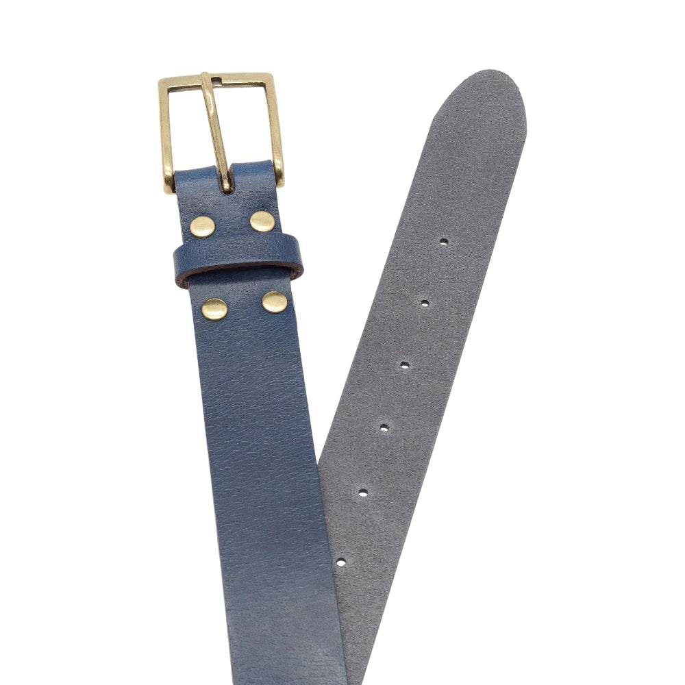 Blue leather belt with brass buckle on a white background