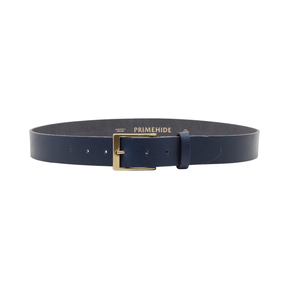 Blue leather belt with gold buckle on a white background