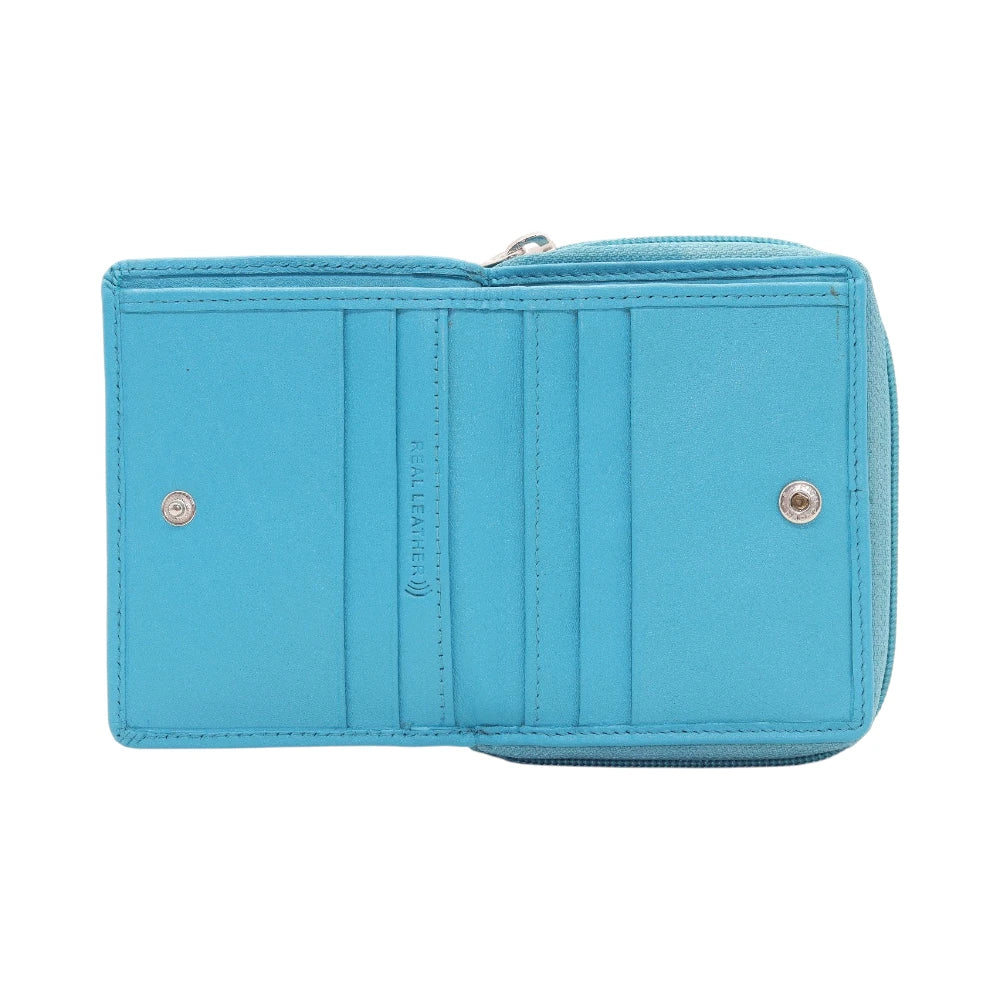 Open view of Turquoise purse with a zipper on a white background