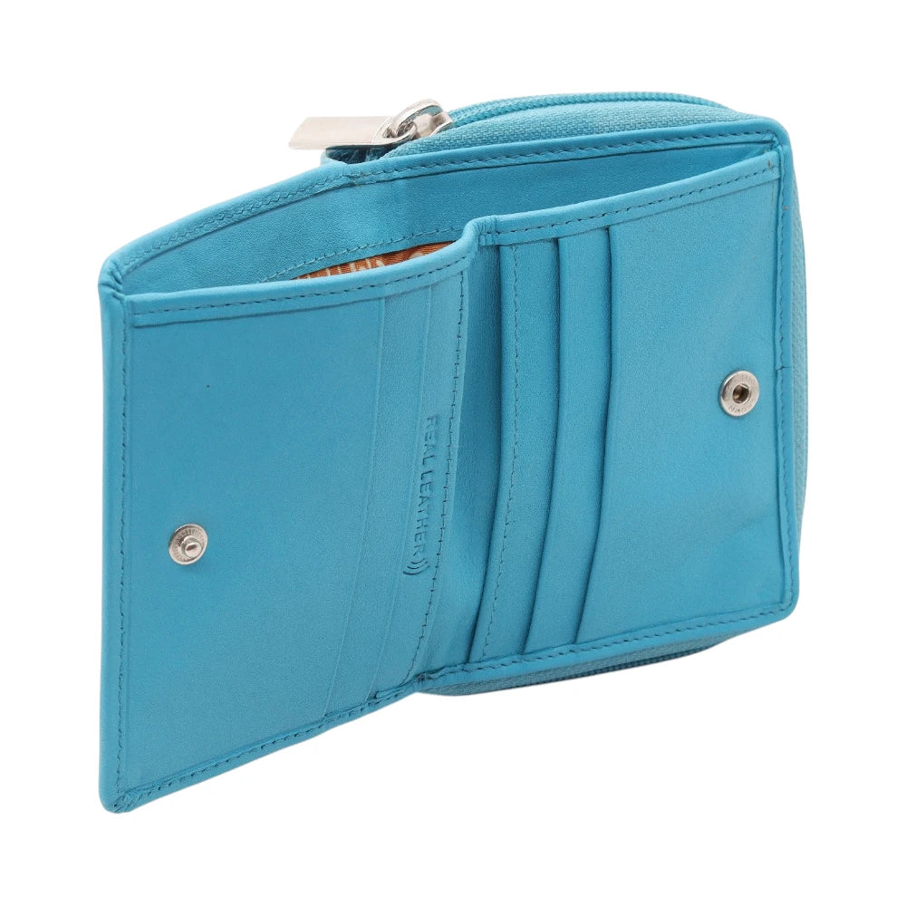 Turquoise purse with a zipper on a white background