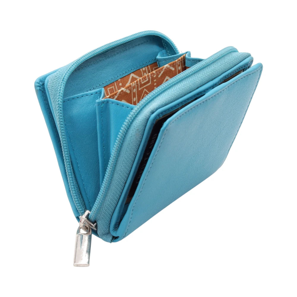 Turquoise purse zippered pouch with a clear zipper on a white background