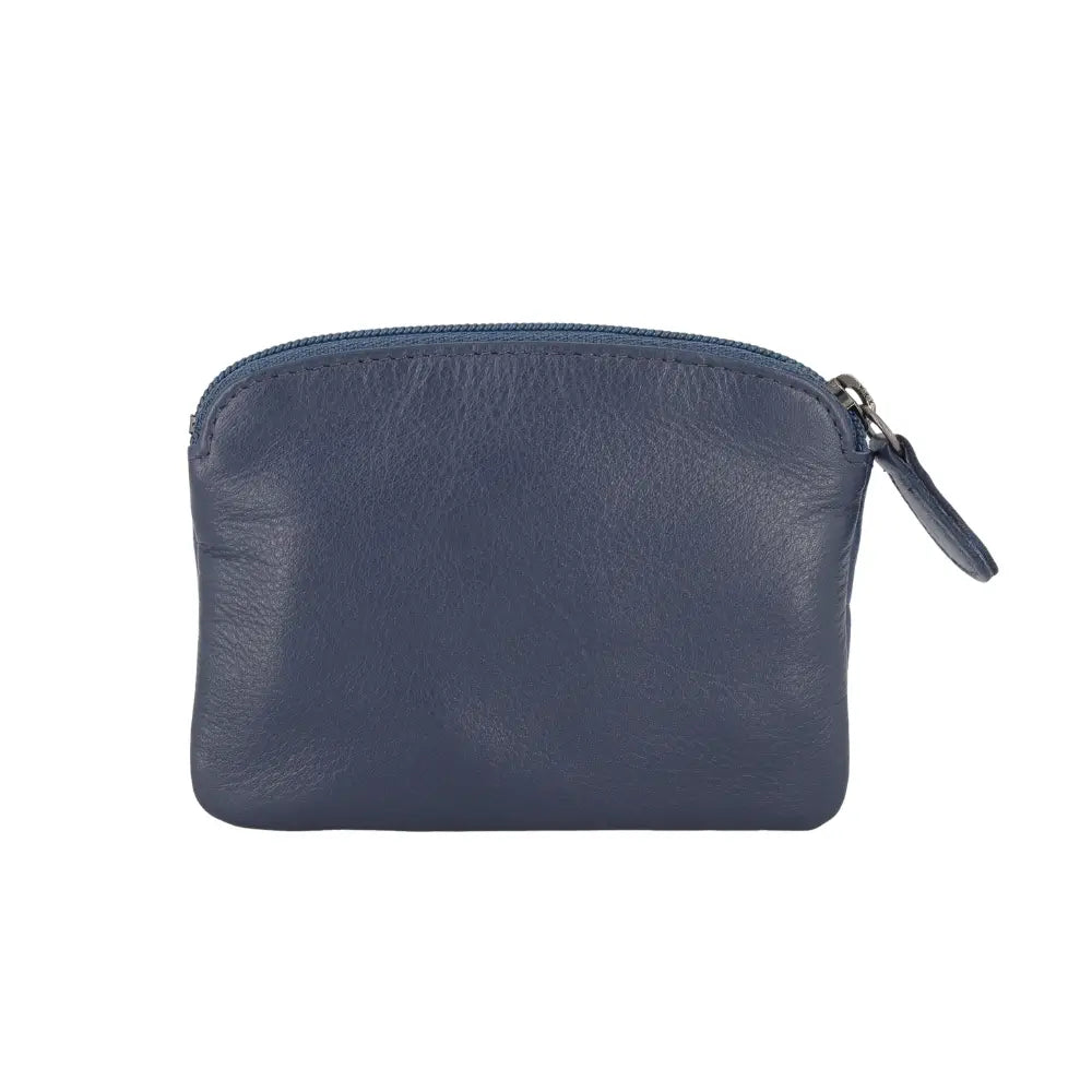 Blue leather pouch with a zipper on a white background