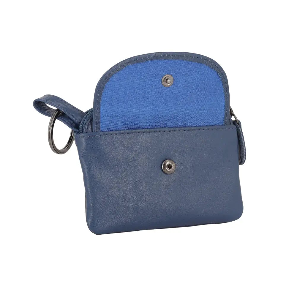 Blue leather pouch with a key ring on a white background