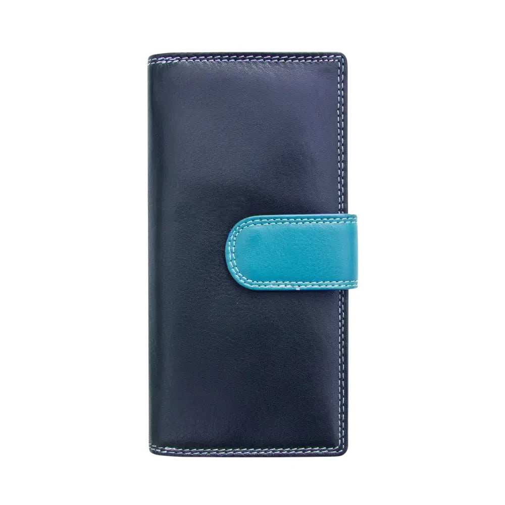 Front view of Blue wallet with a blue flap on a white background