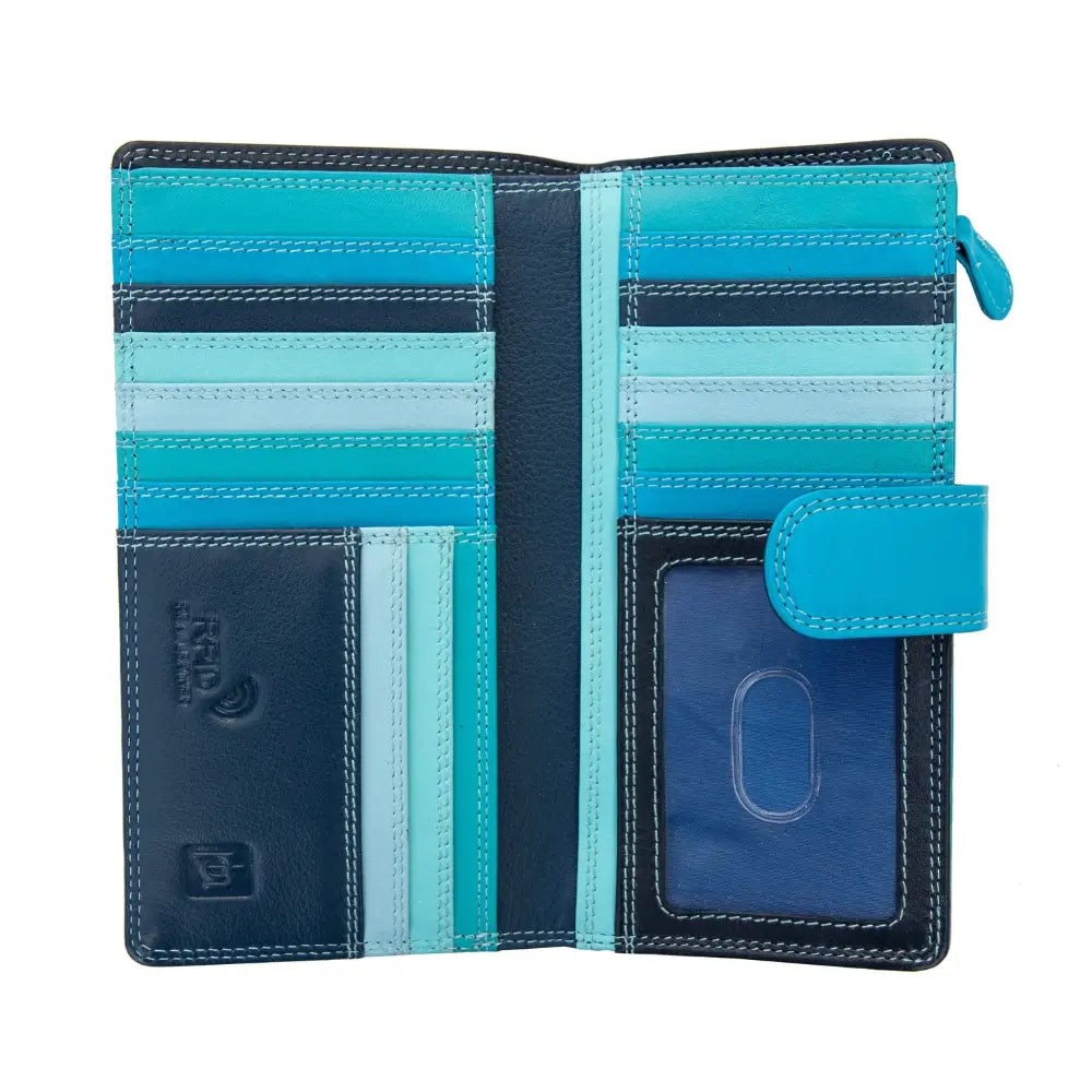 Blue and black wallet with multiple card slots on a white background
