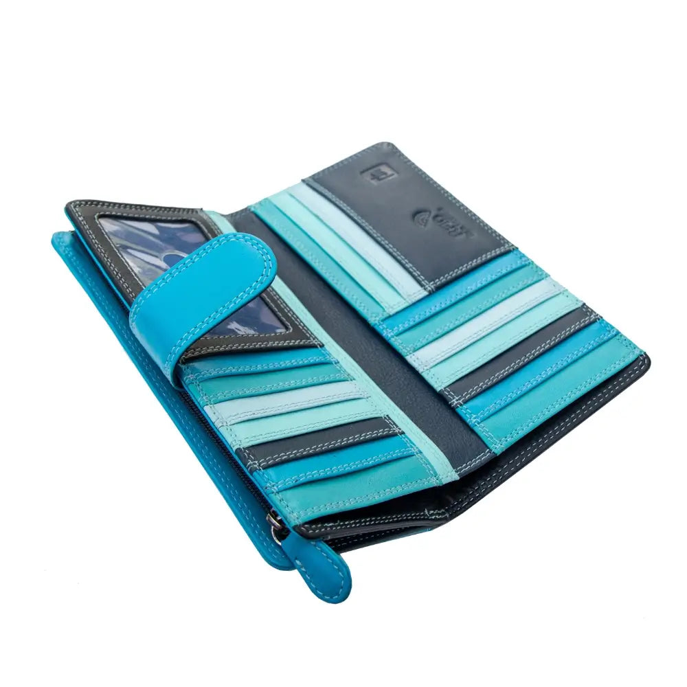 Blue and black wallet with card slots on a white background