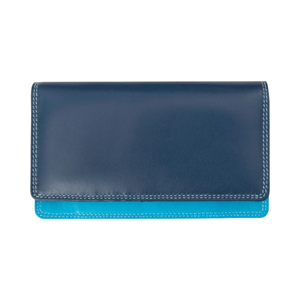 Front  view of Blue wallet with blue bottom section on a white background
