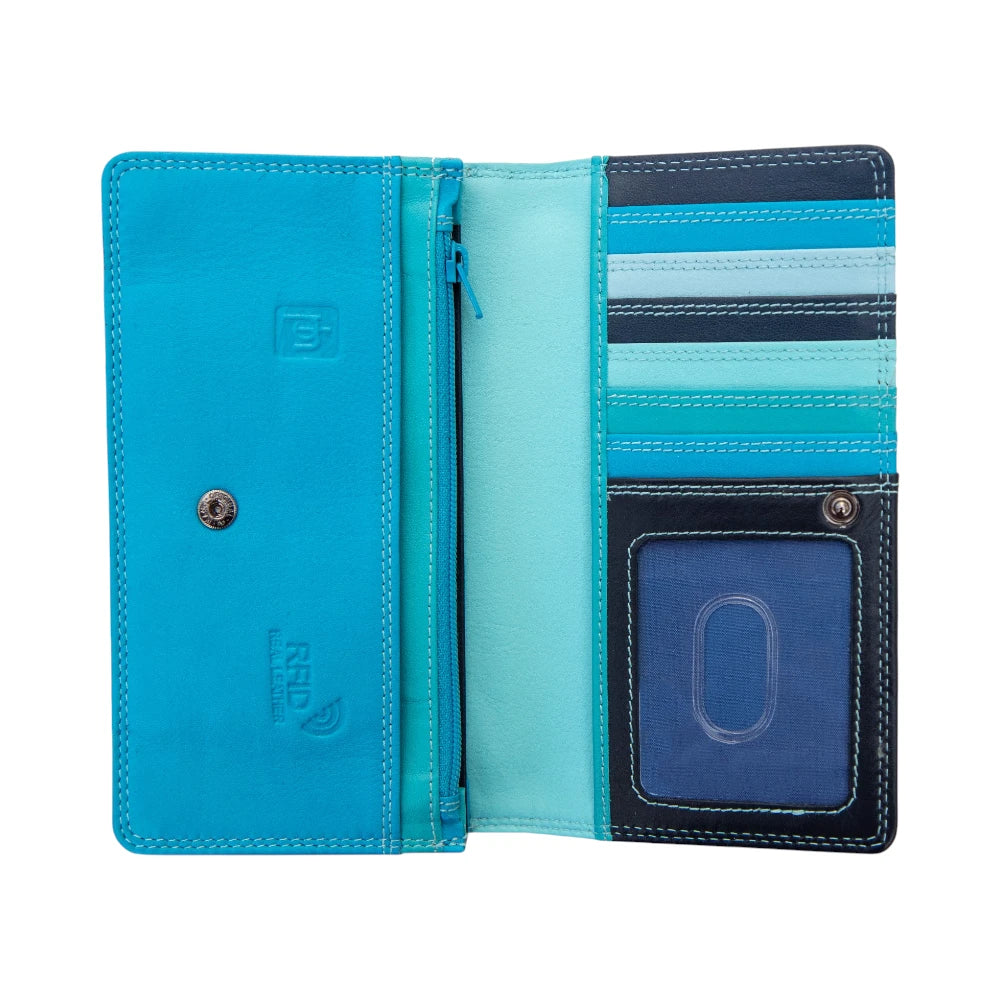 Inside view of blue wallet with  on a white background