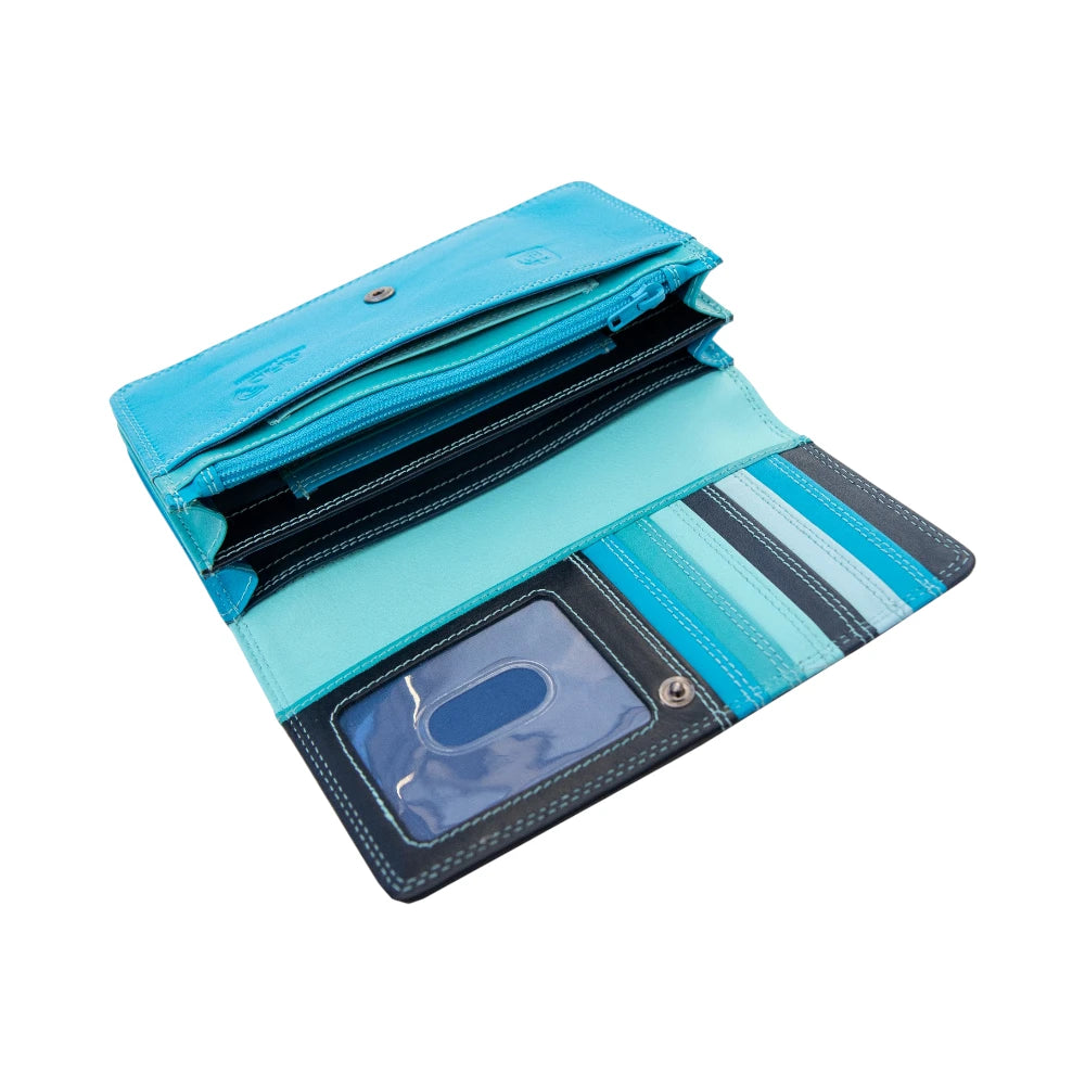 Inside view of blue wallet with  on a white background