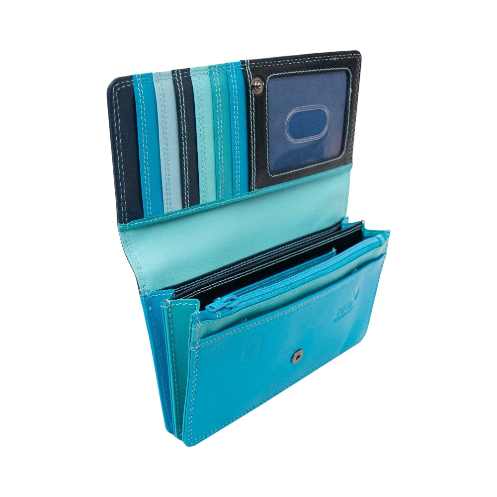 Inside view of blue wallet with  on a white background