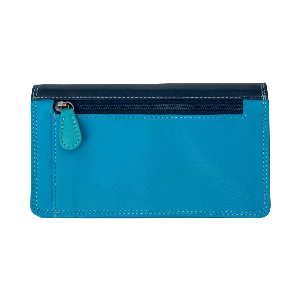 Back view of blue wallet with  on a white background