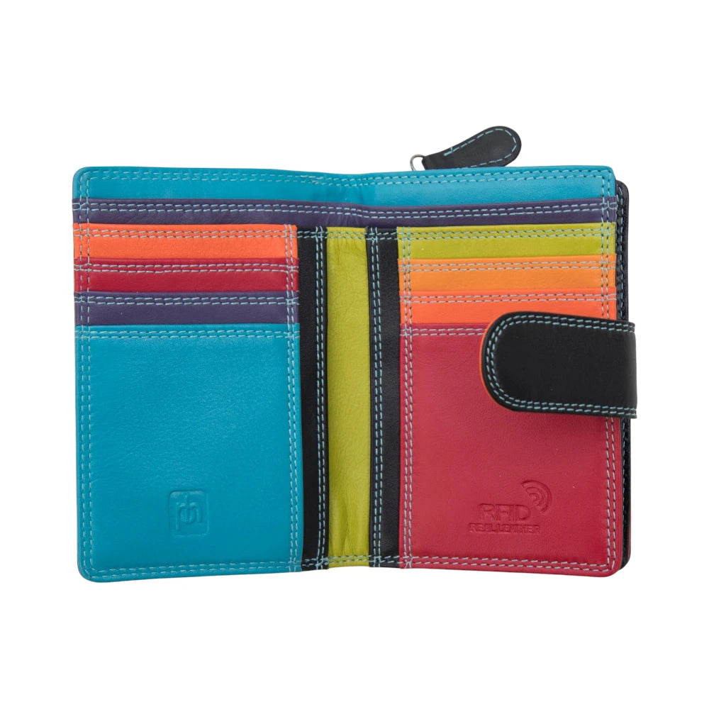 Blue wallet with visible brand logo on a white background