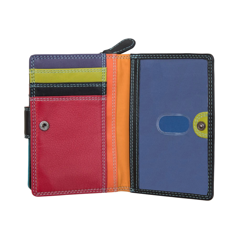 Blue wallet with different colored card slots on a white background