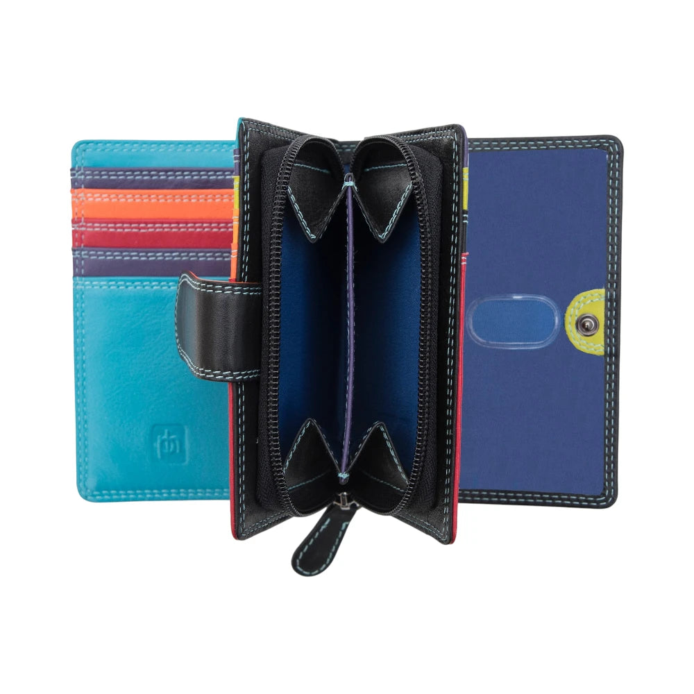 Blue wallet with a black interior on a white background