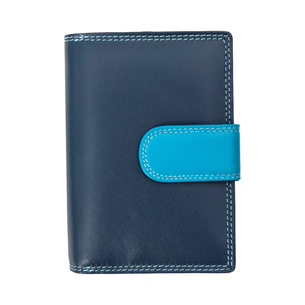 Front view of Blue leather wallet with a turquoise flap on a white background