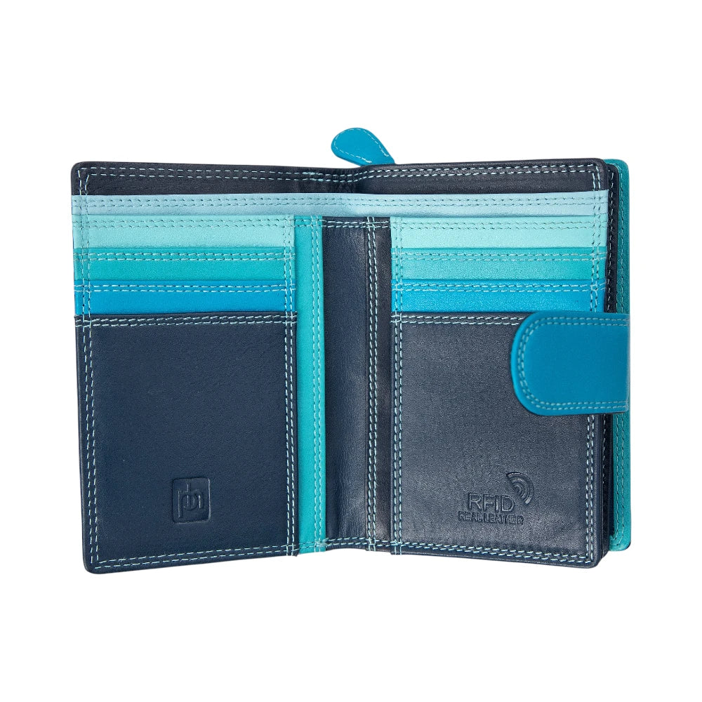 Blue and black wallet with visible brand logo on a white background