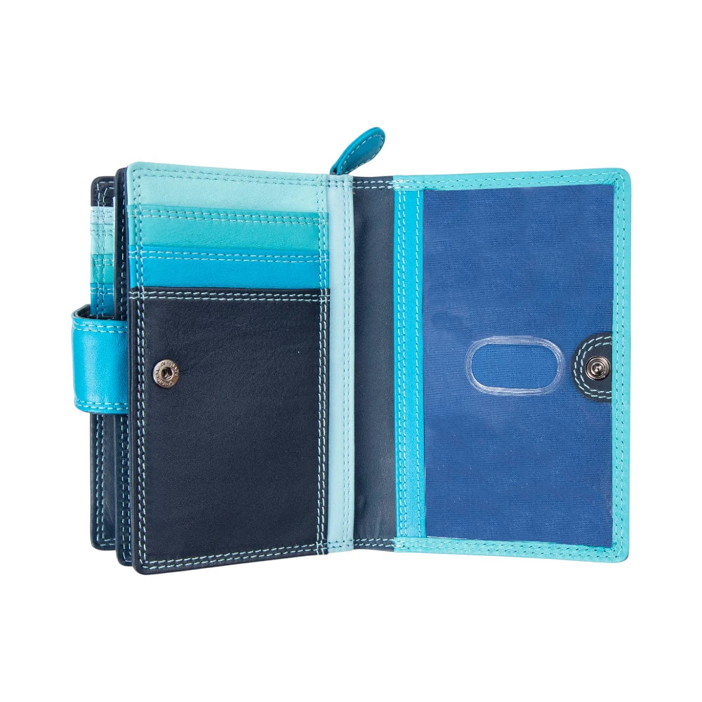 Blue and black wallet with open design on a white background