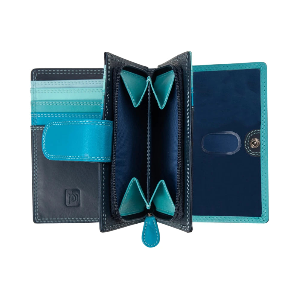 Blue wallet with a visible brand logo on a white background