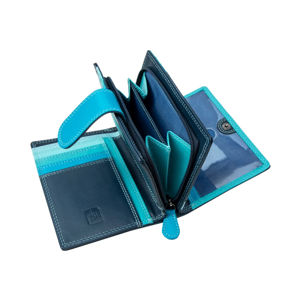 Blue  wallet with a pen on a white background