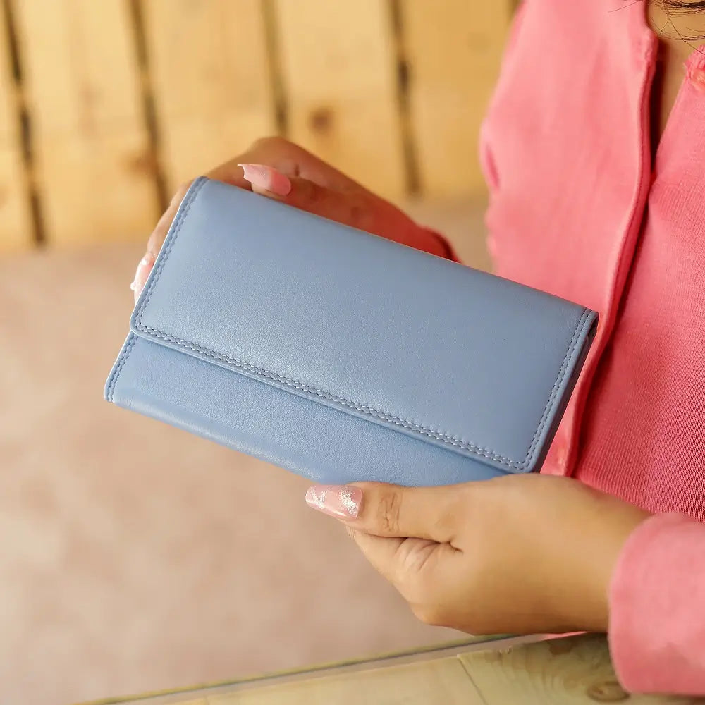Person holding a blue wallet with a blurred background