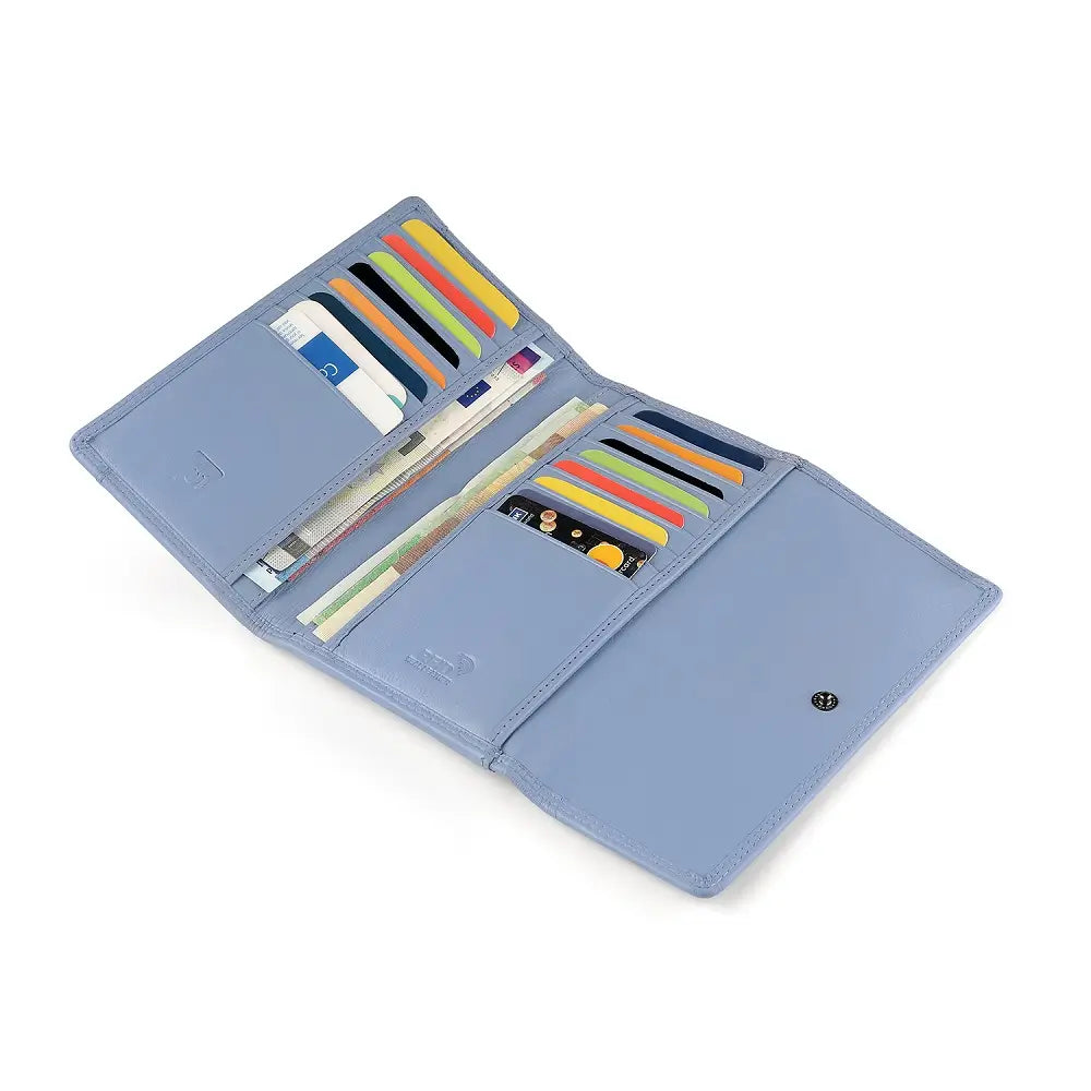 Blue wallet with multiple card slots on a white background