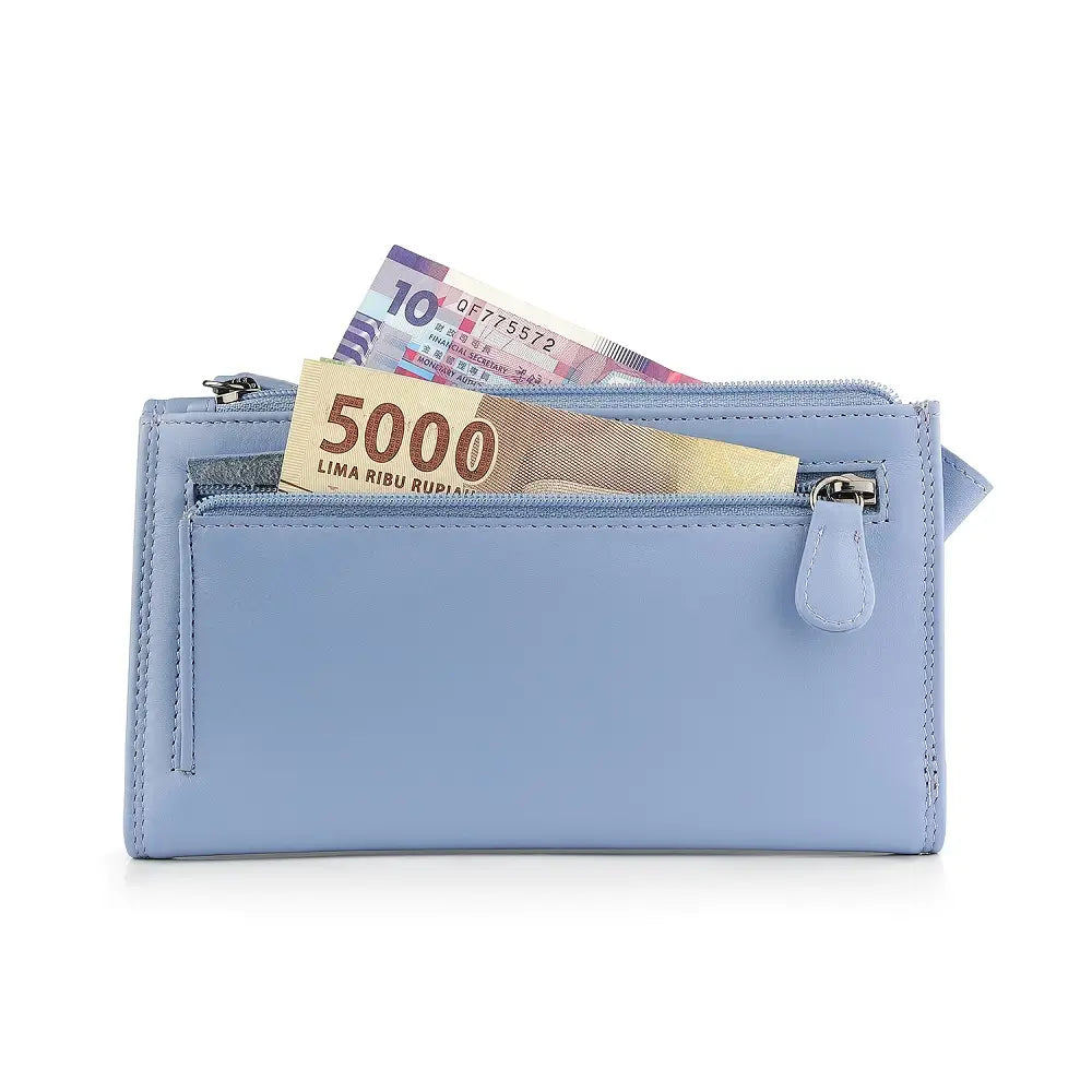 Back view of Blue wallet with money on a white background
