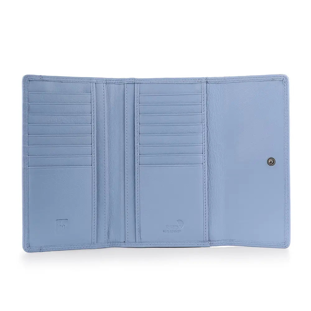 Blue wallet with multiple card slots on a white background