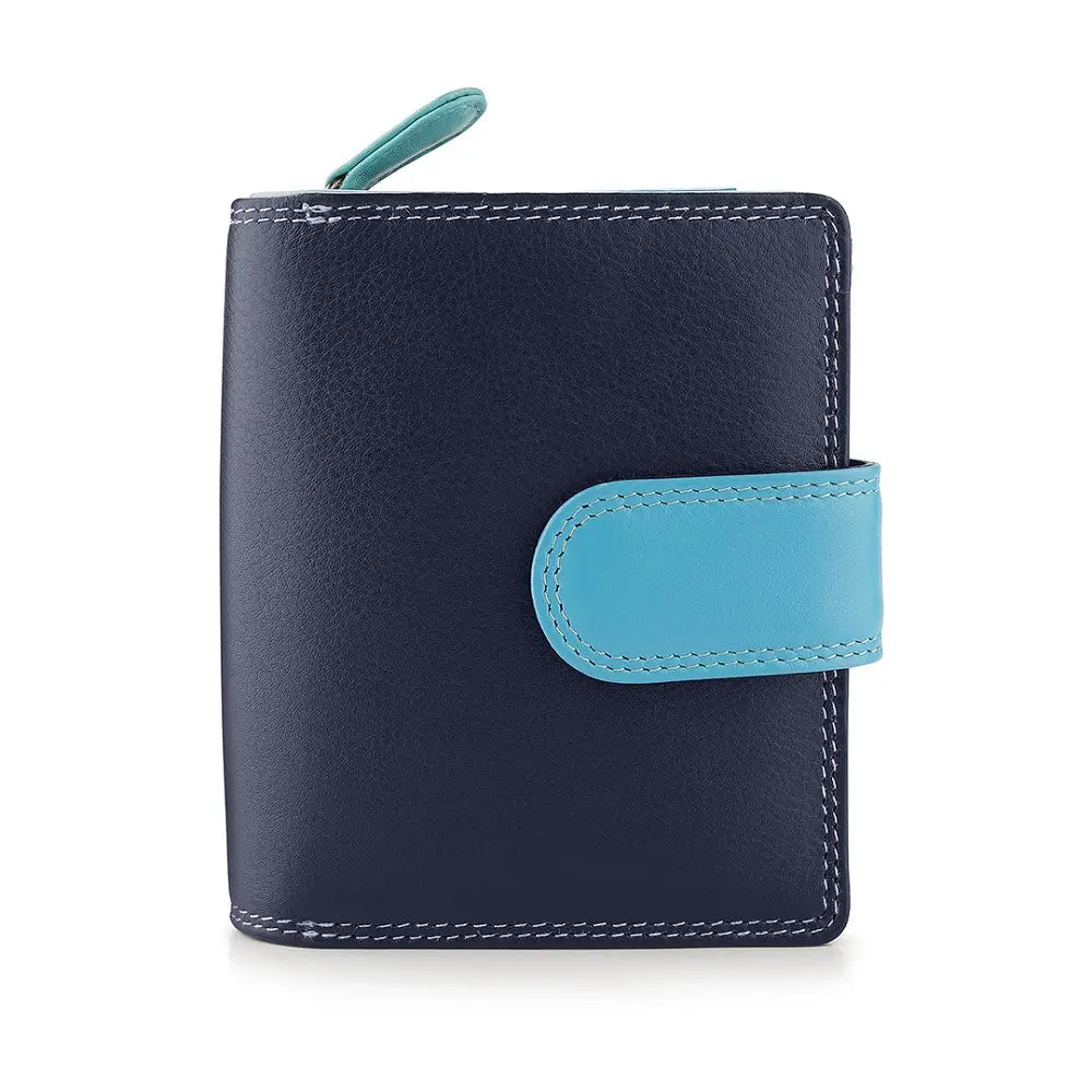 blue wallet with a turquoise strap on a white background