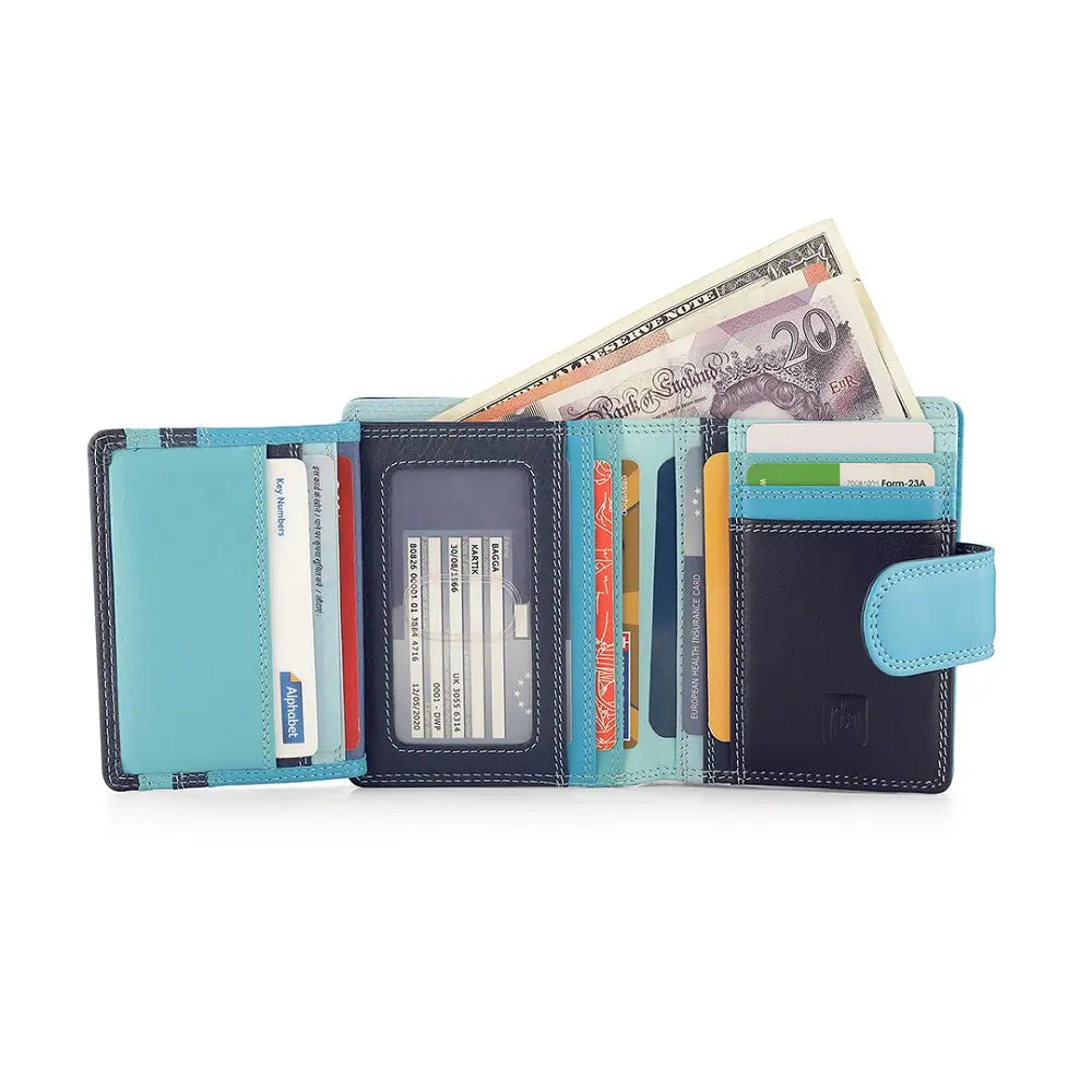 Open wallet with money and cards on a white background