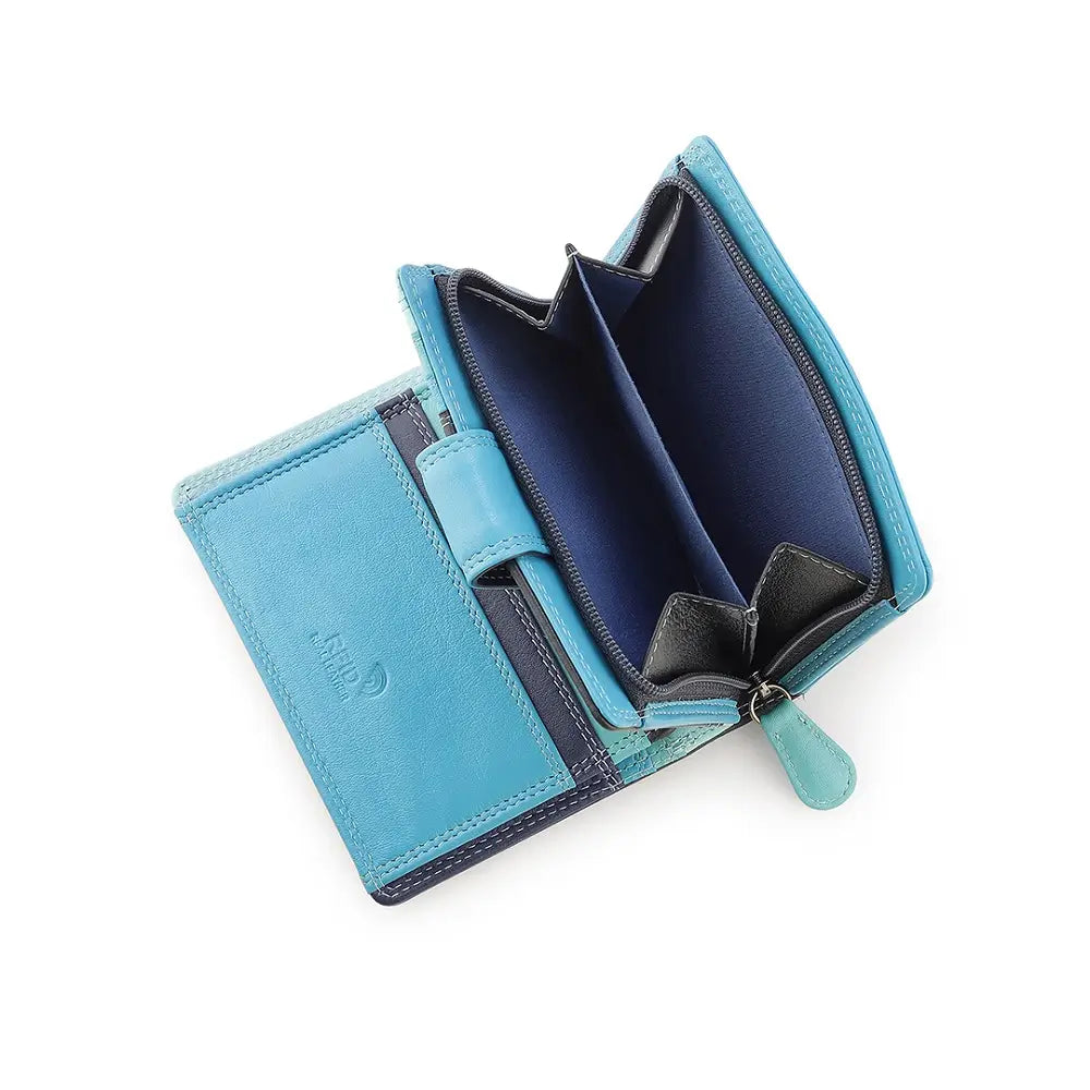 Blue wallet with black interior on a white background