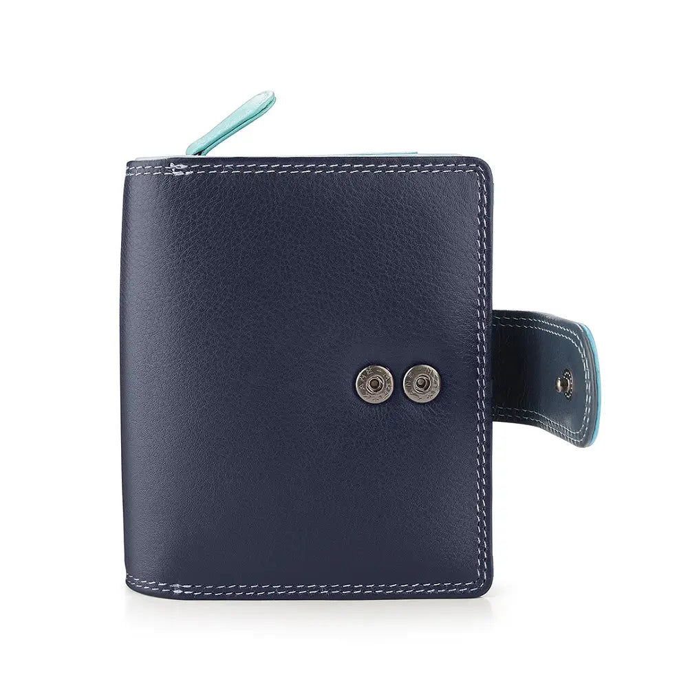 Navy blue leather wallet with silver buttons on a white background