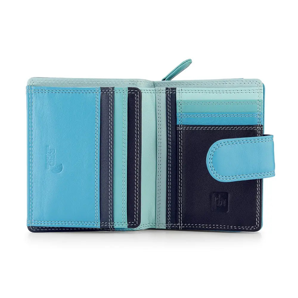Two-tone blue wallet with black accents on a white background