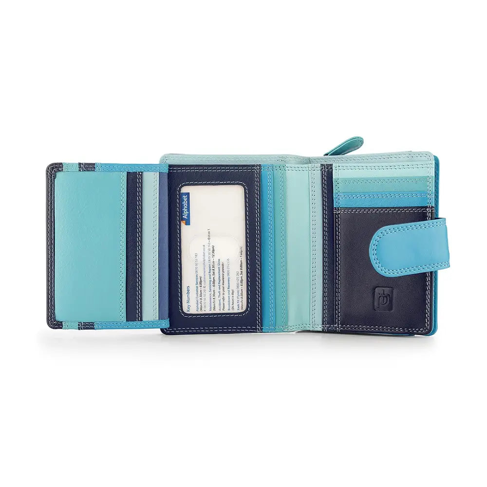 Blue and black wallet with card slots on a white background
