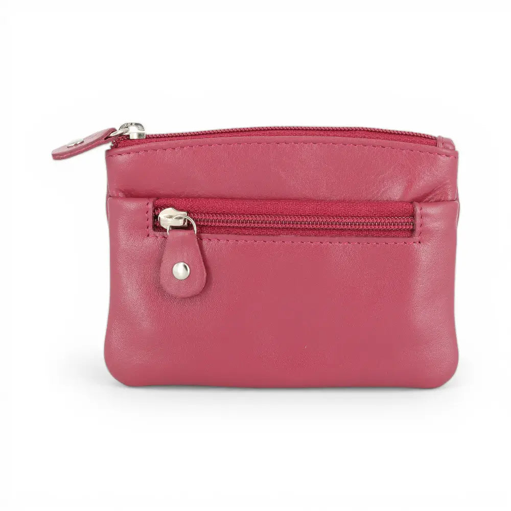 Bordeaux leather wallet with a zipper on a white background