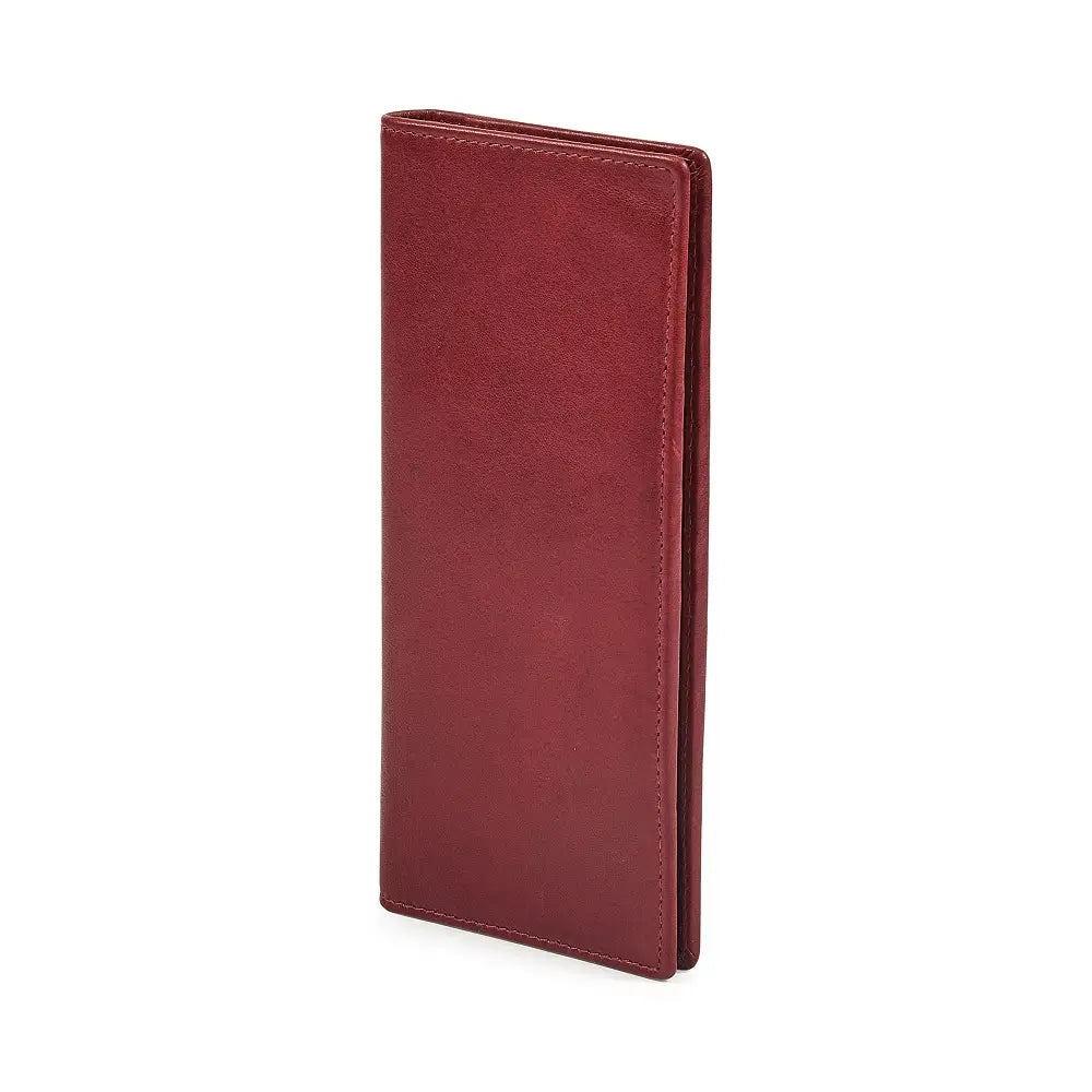 Side view of Bordeaux  leather wallet on a white background