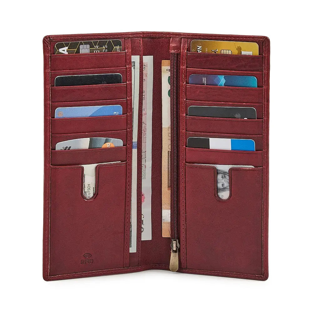 Open bordeaux leather wallet with various cards and a bill on a white background