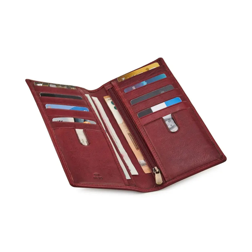 Open bordeaux wallet with card slots and a pen on a white background