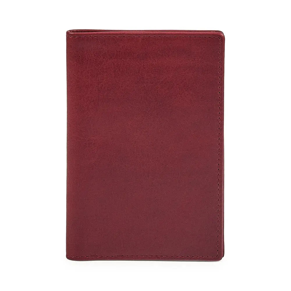 Front view of Bordeaux leather passport holder on a white background
