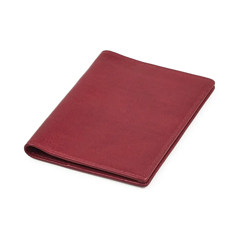 Top view of Bordeaux leather passport holder on a white background