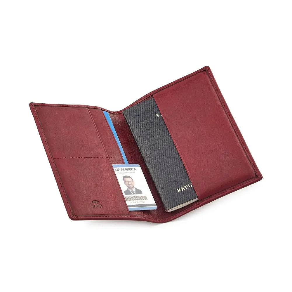 Bordeaux leather passport holder with a passport and ID card on a white background