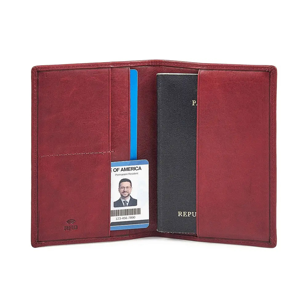 Bordeaux leather passport holder with a passport and ID card holder on a white background