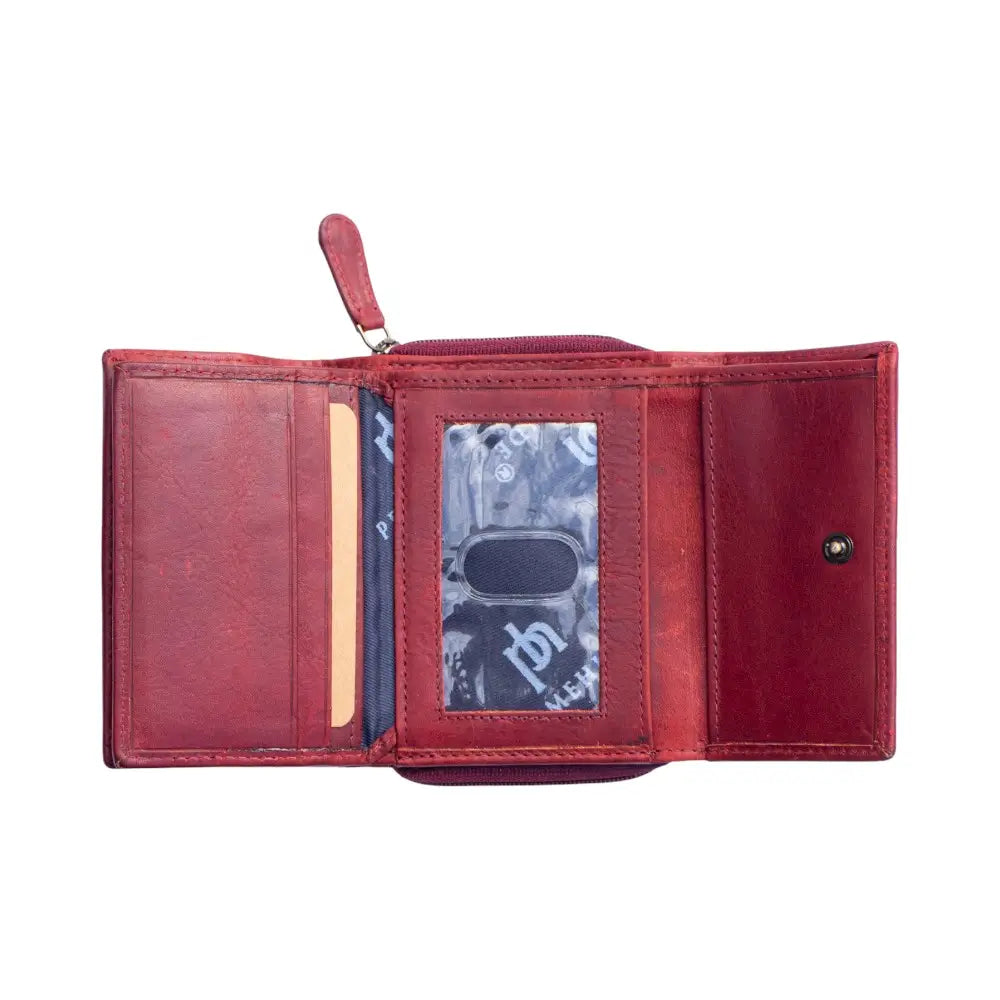 Bordeaux leather wallet open on a white background